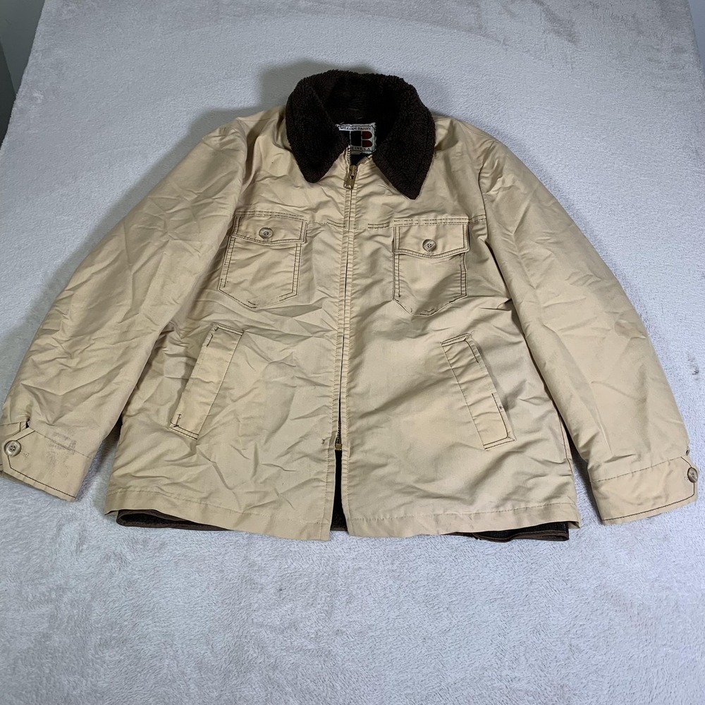 Vintage William Barry Coat Mens 44 Beige Canvas Faux Fur Lined Parka 70s USA